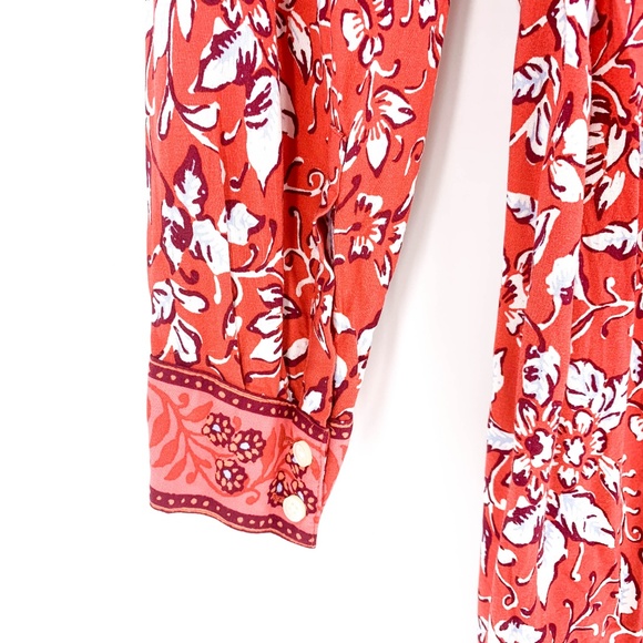 Loft Red Floral Long Sleeve Tie Waist Dress - Picture 6 of 7